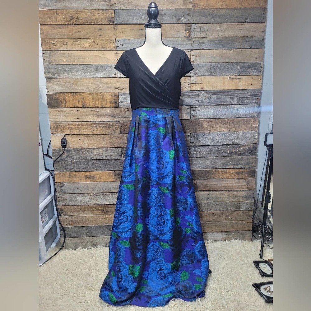 Adrianna Papell Evening Formal Long Maxi Dress Blue Green Floral Sz 12